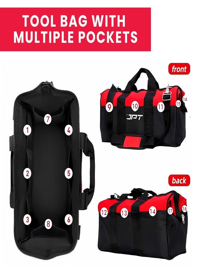 JPT حقيبة أدوات JPT شديدة التحمل مقاس 18 بوصة، حقيبة تخزين أدوات واسعة الفتحة مع جيوب داخلية، حقيبة حمل أدوات كبيرة السعة للكهربائيين، منظم أدوات كهربائية أحمر/أسود - Image 2